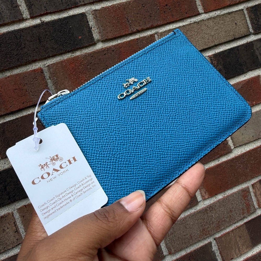 Coach Turquoise Leather Zip Card Case with Silver Tone Logo